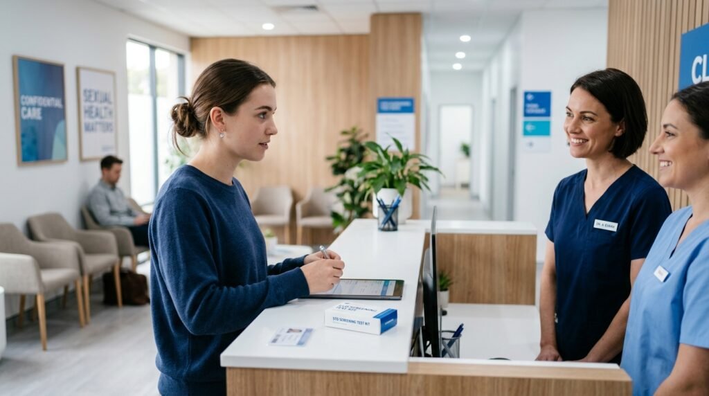 Patient attending a confidential STD check at a healthcare clinic with a medical professional reviewing test results.